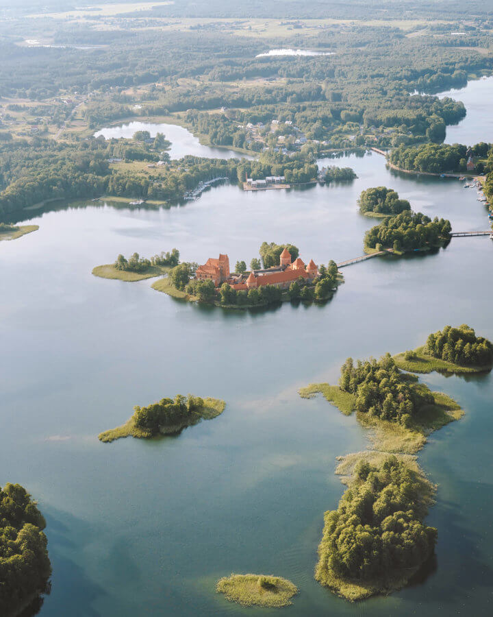 Aerial view of Trakai Island Castle and the world's largest moat